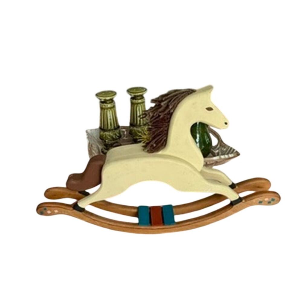 Handcrafted Wooden Rocking Horse Sculpture Cream Tabletop Folk Art Rustic Decor